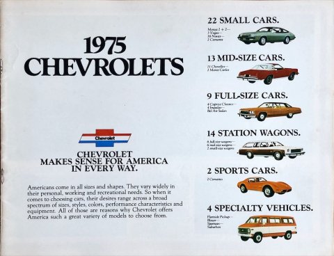Chevrolet 1975 models nr. 3019, 1974-09 21,7 x 28,0, 16, EN year 1974 folder brochure