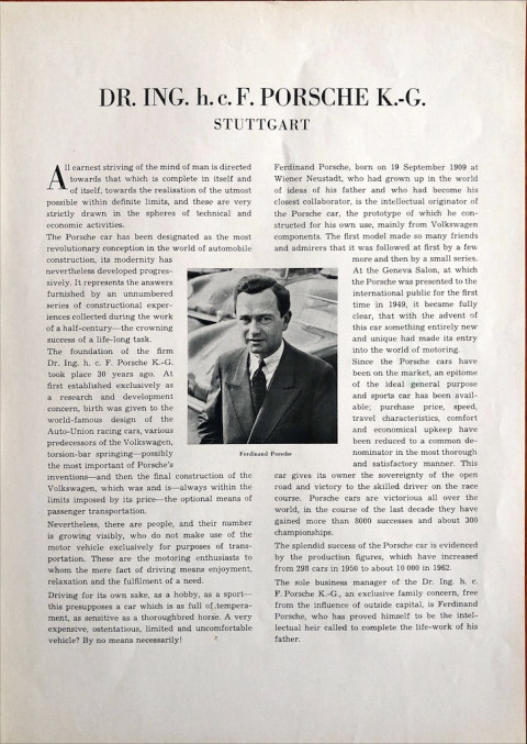 Porsche press department 1962 Dr. ing. h.c.F. Porsche k. G. stuutgart