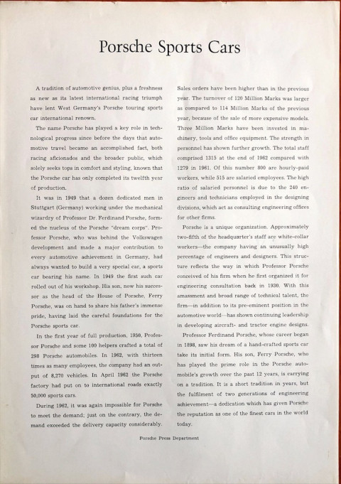 Porsche press department 1962 Porsche Sports Cars